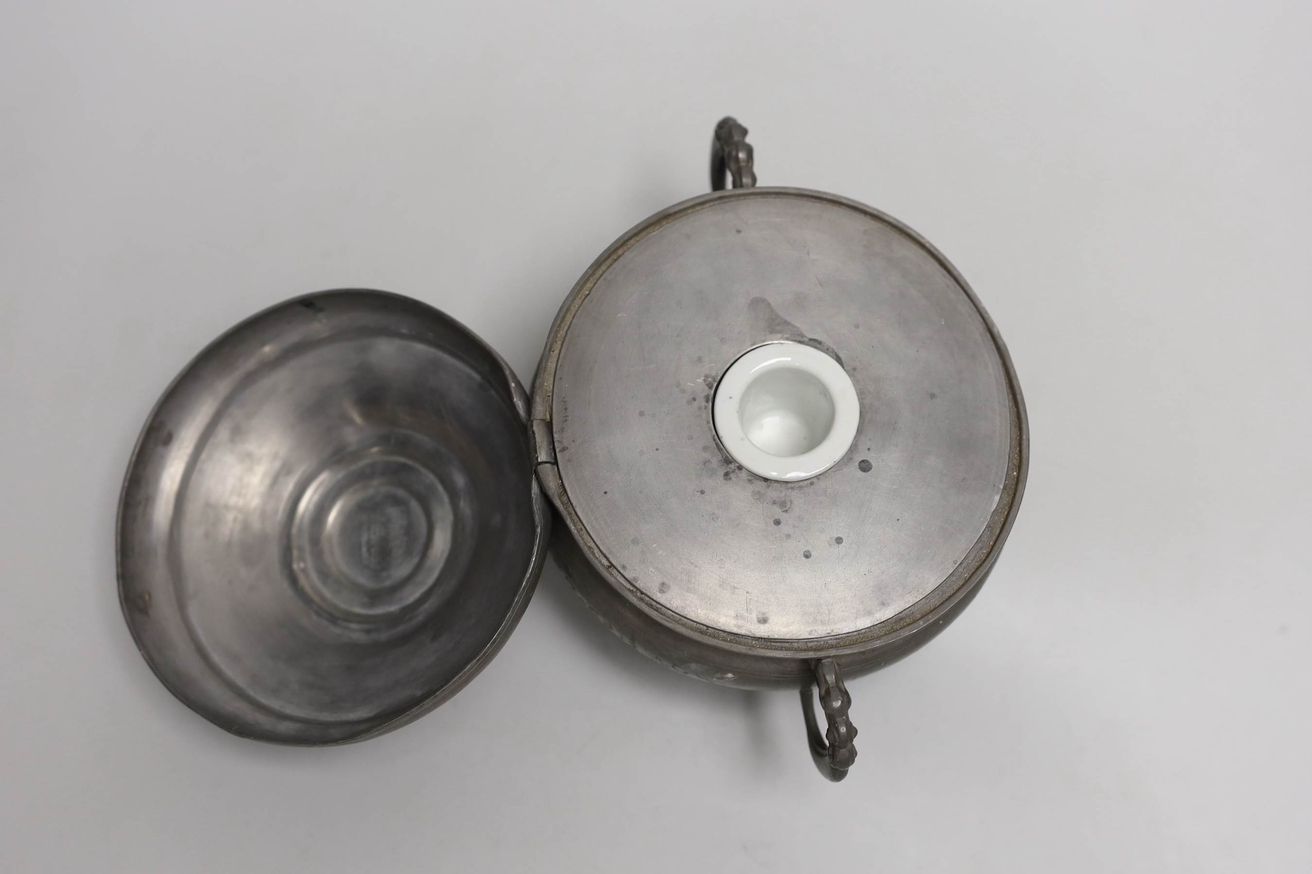 A Chinese export pewter twin-handled inkwell, the cover inset with polished hardstones, 13cm high